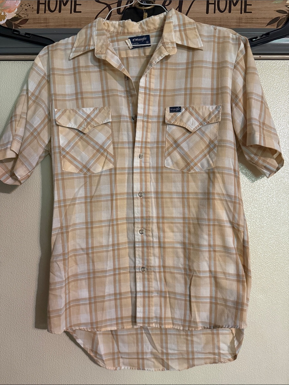 Vintage Wrangler Beige Plaid Short-Sleeve Button-Down Shirt